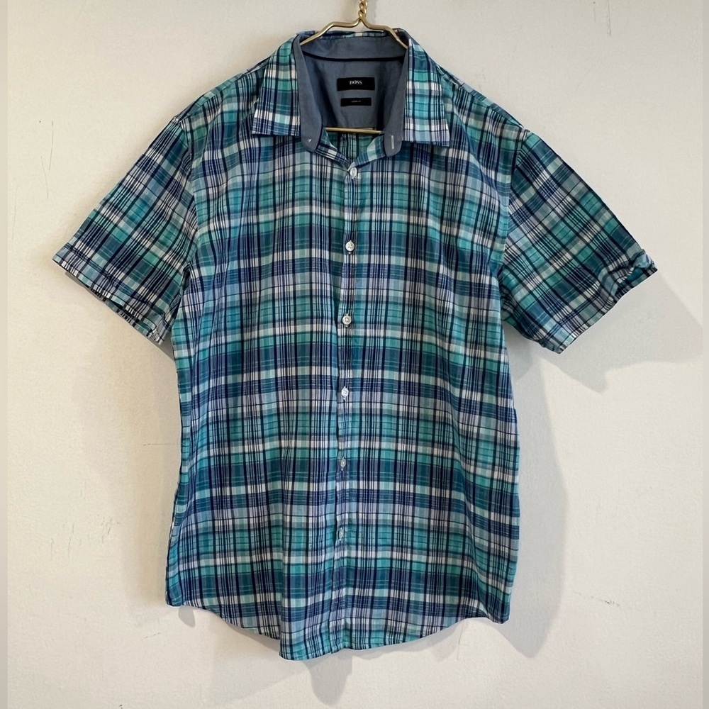 Hugo Boss Aqua Plaid Button short sleeve Mens Shirt XL super light